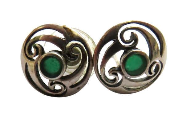 Pair of Sterling Silver & Green Stone Ladies Earrings Celtic Design