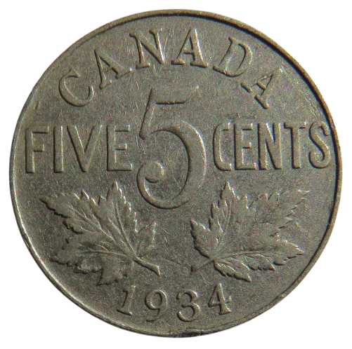 1934 King George V Canada 5 Cents Coin