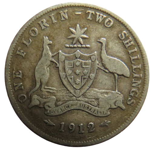 1912 King George V Australia Silver Florin / 2 Shillings Coin