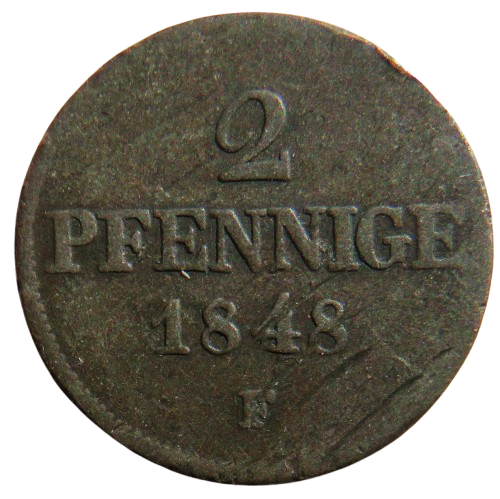 1848-F German States Saxony 2 Pfennige Coin