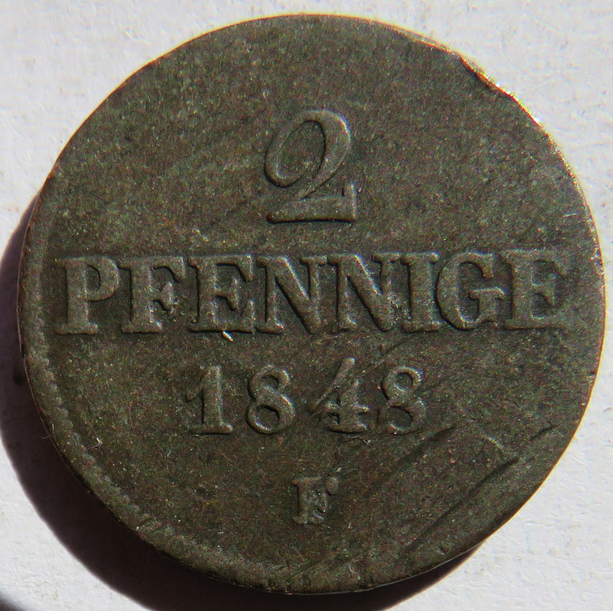 1848-F German States Saxony 2 Pfennige Coin