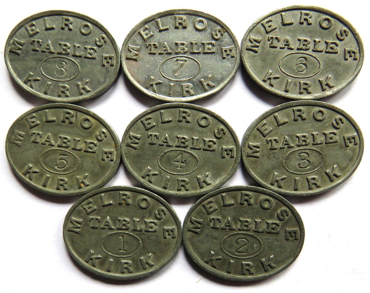 Set of 8 Melrose Kirk Scottish Church Communion Tokens Table Numbers 1-8