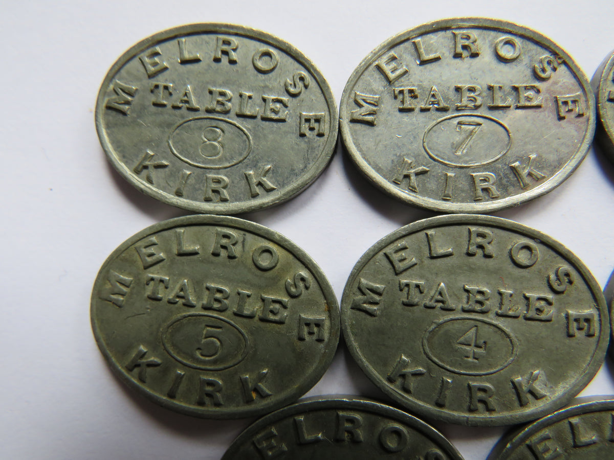 Set of 8 Melrose Kirk Scottish Church Communion Tokens Table Numbers 1-8