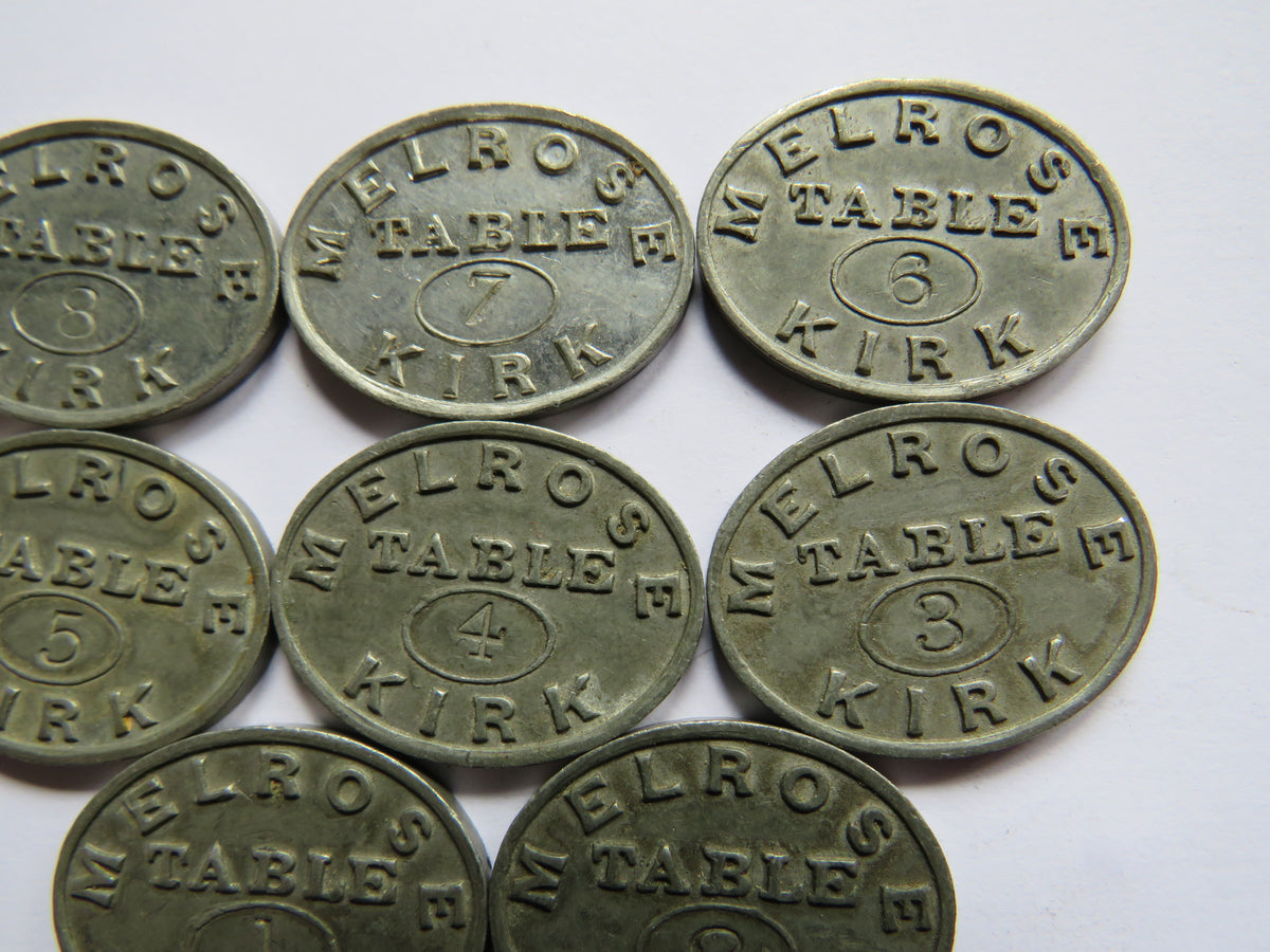 Set of 8 Melrose Kirk Scottish Church Communion Tokens Table Numbers 1-8