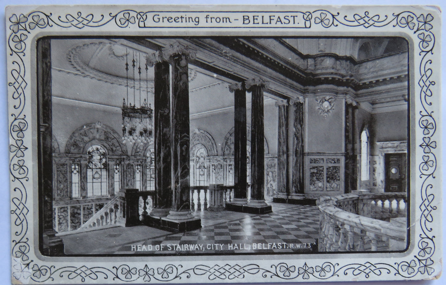 Vintage Postcard of Greetings from Belfast, Head of Stairway, City Hall, Belfast, 1906
