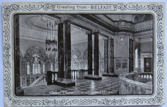 Vintage Postcard of Greetings from Belfast, Head of Stairway, City Hall, Belfast, 1906