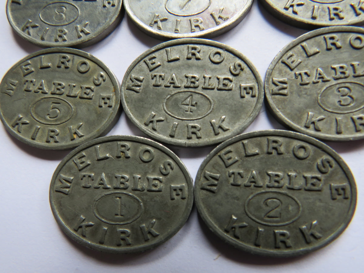 Set of 8 Melrose Kirk Scottish Church Communion Tokens Table Numbers 1-8