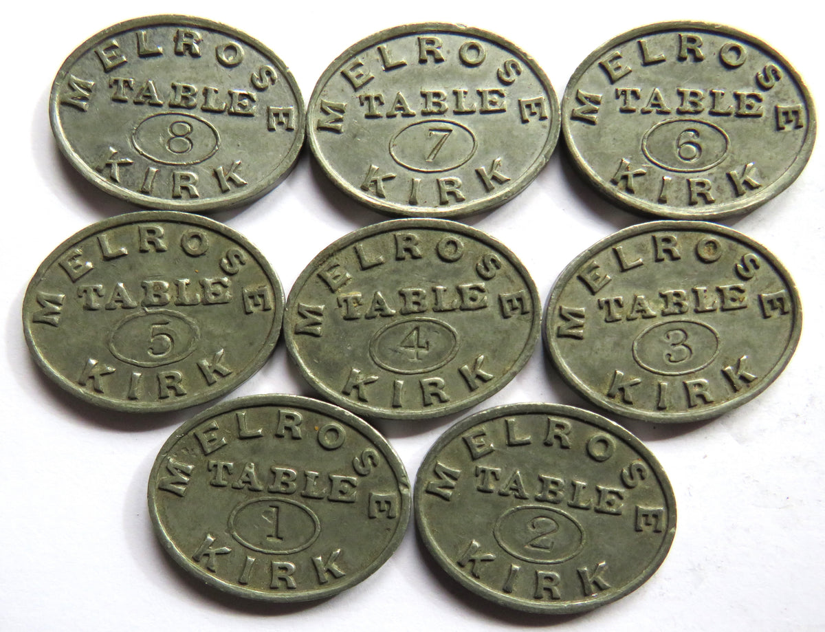 Set of 8 Melrose Kirk Scottish Church Communion Tokens Table Numbers 1-8
