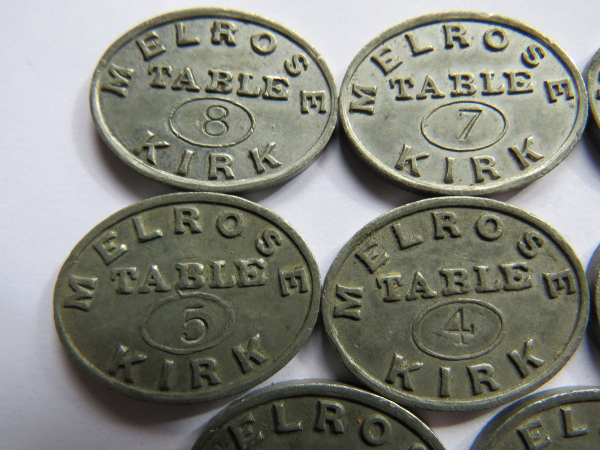 Set of 8 Melrose Kirk Scottish Church Communion Tokens Table Numbers 1-8