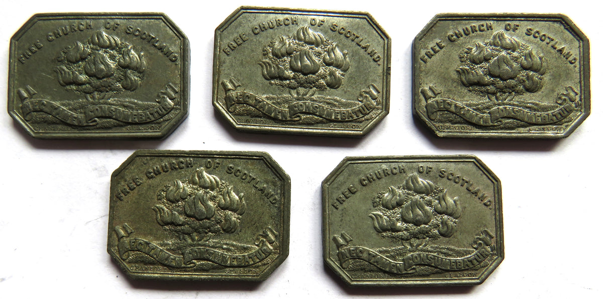 5 x 1843 Free Tron Church Glasgow Scottish Communion Tokens