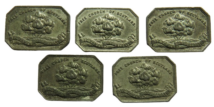 5 x 1843 Free Tron Church Glasgow Scottish Communion Tokens