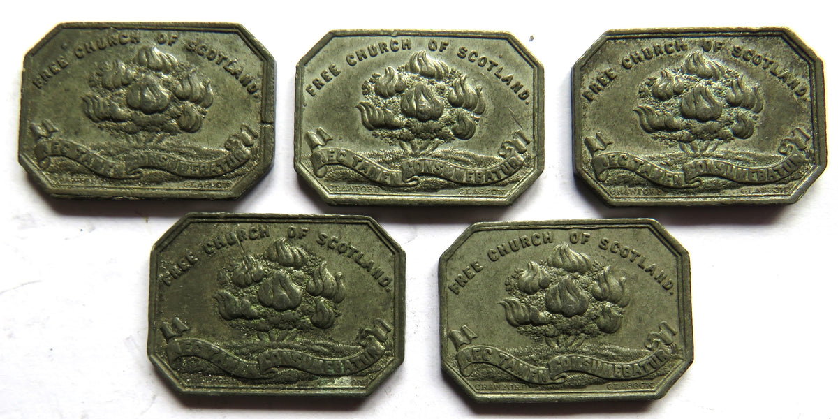 5 x 1843 Free Tron Church Glasgow Scottish Communion Tokens