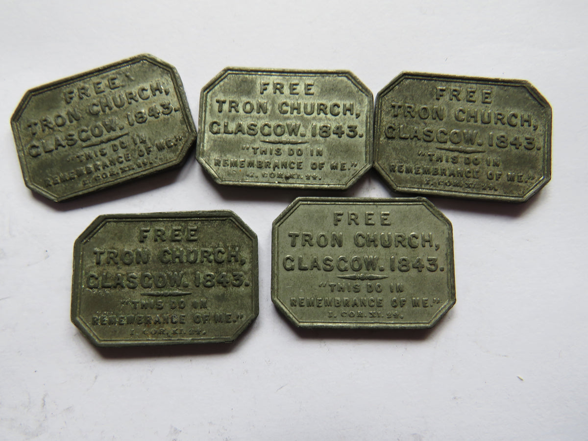 5 x 1843 Free Tron Church Glasgow Scottish Communion Tokens
