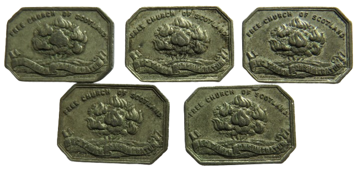 5 x 1843 Free Tron Church Glasgow Scottish Communion Tokens