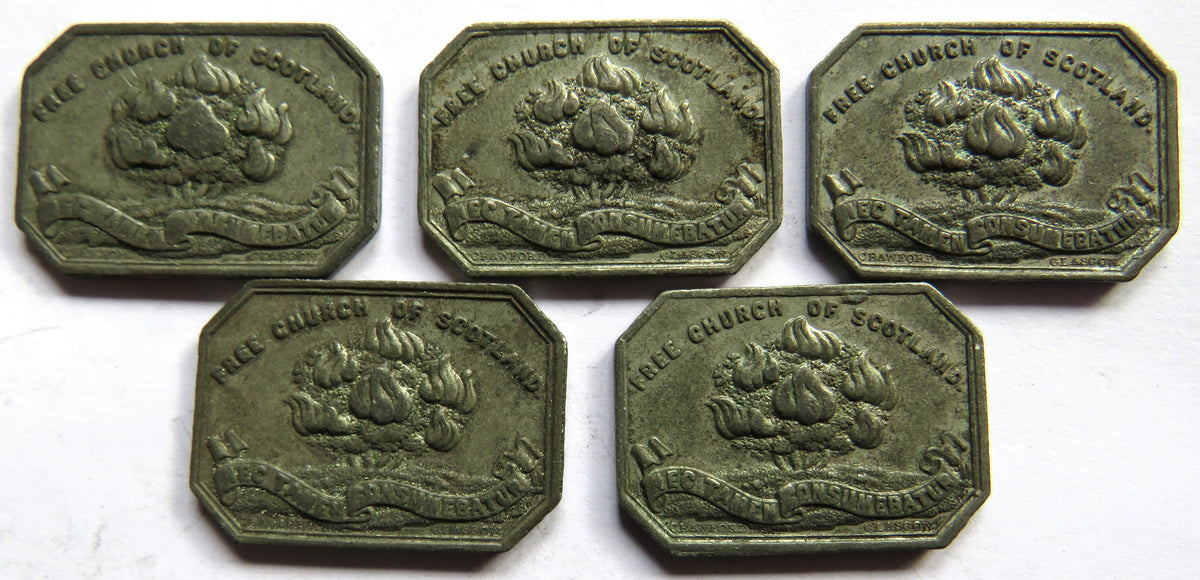 5 x 1843 Free Tron Church Glasgow Scottish Communion Tokens