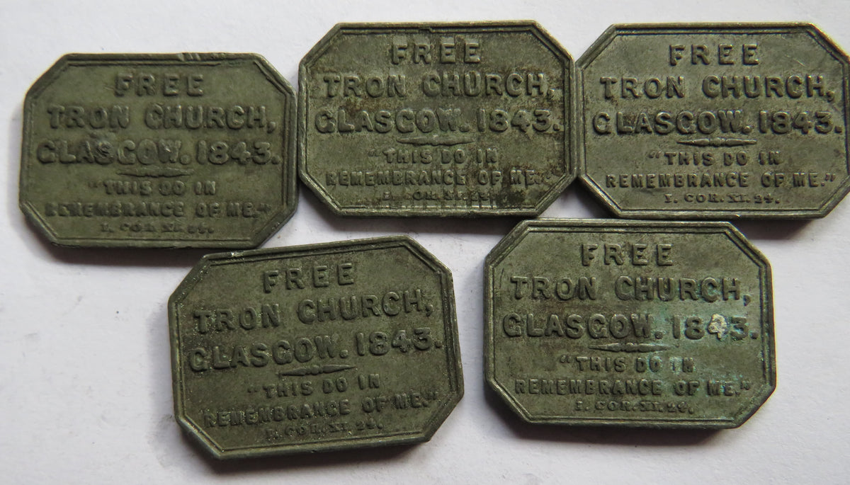 5 x 1843 Free Tron Church Glasgow Scottish Communion Tokens