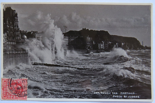 Vintage Postcard of Rough Sea, Hastings 1914