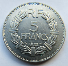 Load image into Gallery viewer, 1933 France 5 Francs Coin
