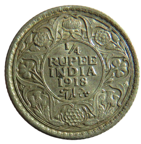 1918 King George V India Silver 1/4 Rupee Coin