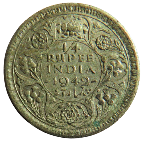 1942 King George VI India Silver 1/4 Rupee Coin