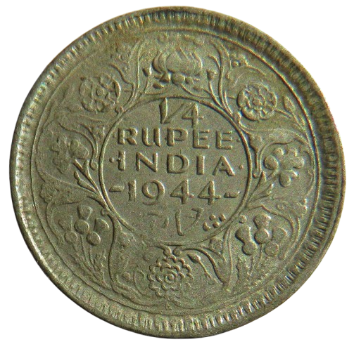 1944 King George VI India Silver 1/4 Rupee Coin