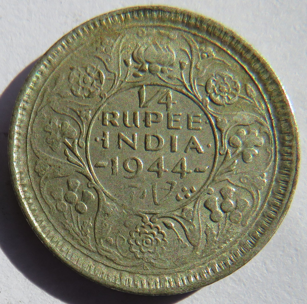 1944 King George VI India Silver 1/4 Rupee Coin