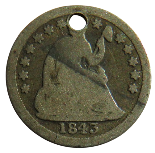 1843 USA Seated Liberty Silver Half Dime Coin (Holed)