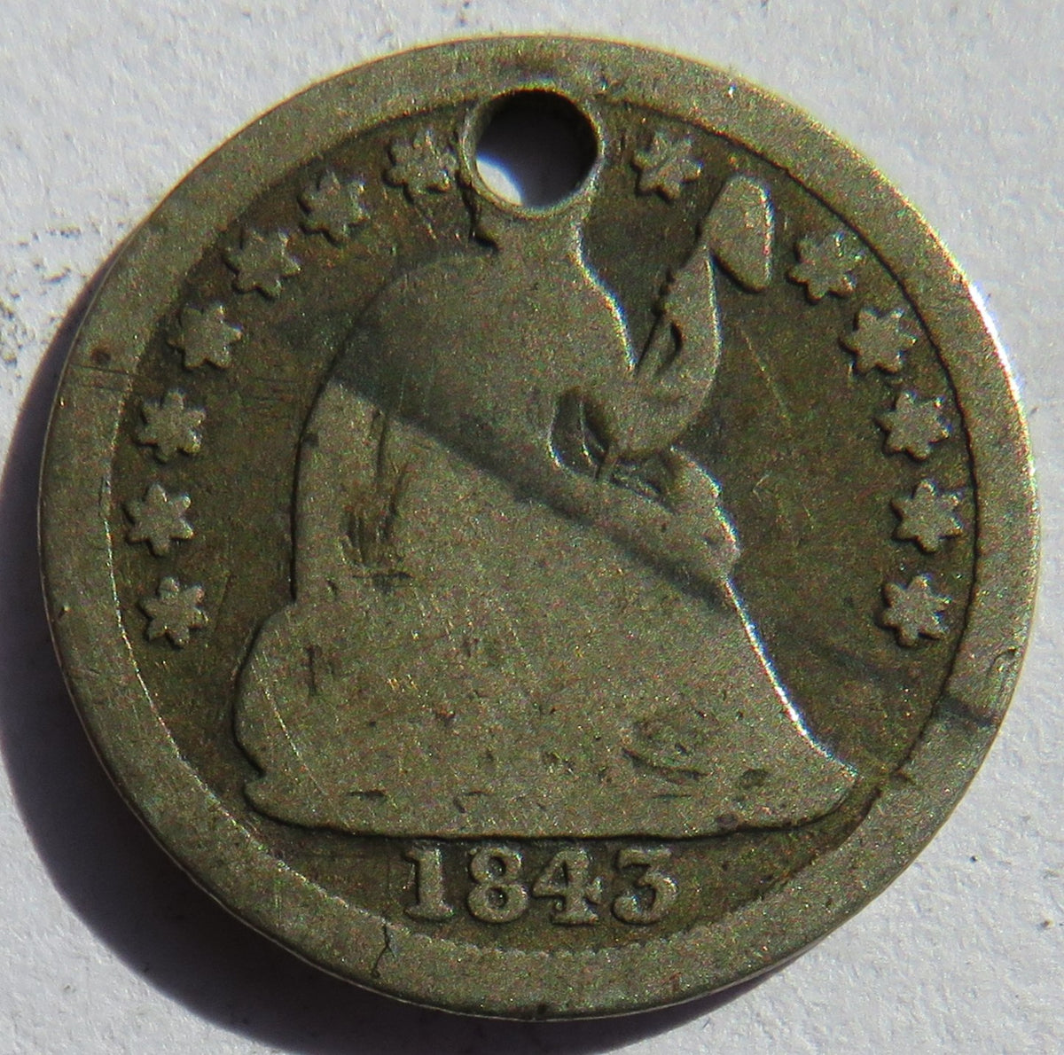 1843 USA Seated Liberty Silver Half Dime Coin (Holed)