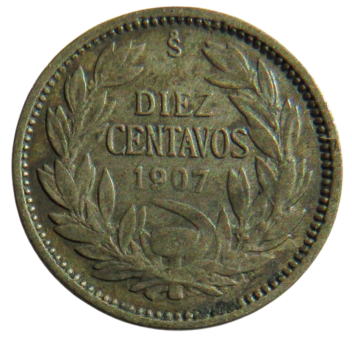 1907 Chile Silver 10 Centavos Coin