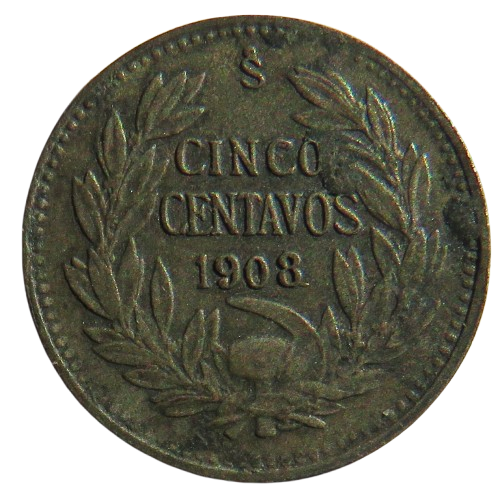 1908 Chile Silver 5 Centavos Coin