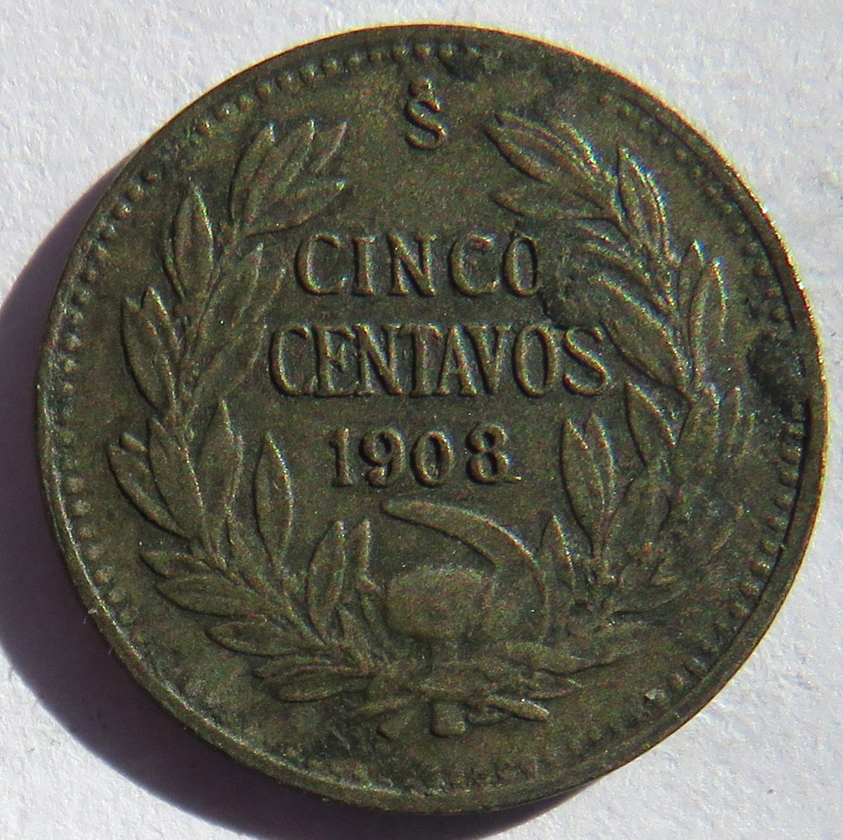 1908 Chile Silver 5 Centavos Coin