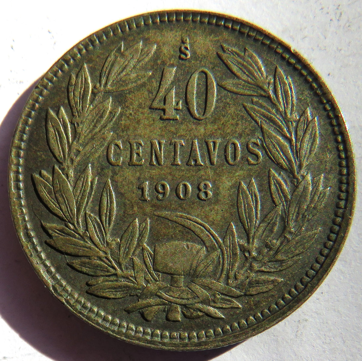 1908-S Chile Silver 40 Centavos Coin