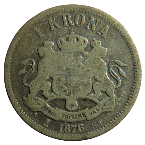 1876 Sweden Silver 1 One Krona Coin
