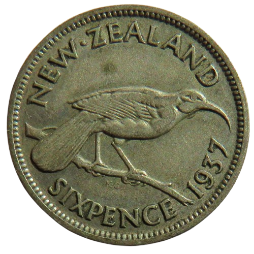 1937 King George VI New Zealand Silver Sixpence Coin
