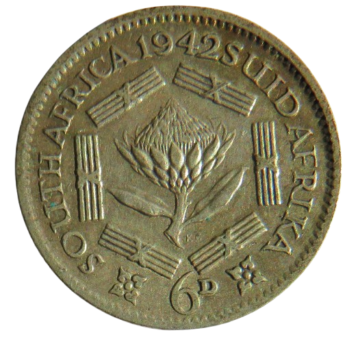 1942 King George VI South Africa Silver Sixpence Coin