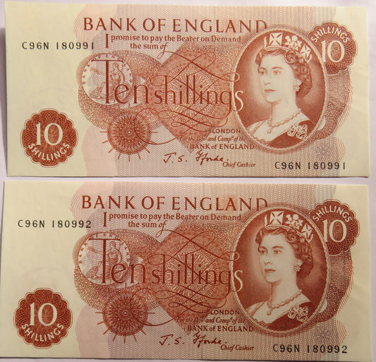 Pair of Consecutive Bank of England 10 Shillings Banknotes J.S.Fforde C96N