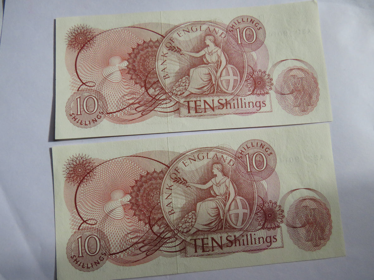Pair of Consecutive Bank of England 10 Shillings Banknotes L.K. O'Brien A32