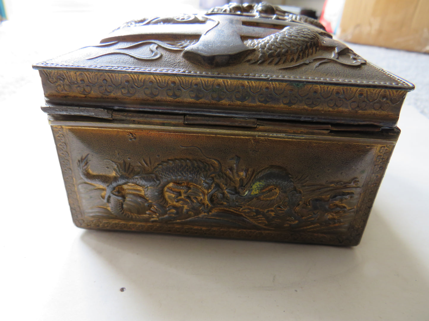 Antique Japanese Metal Box With Dragon Design