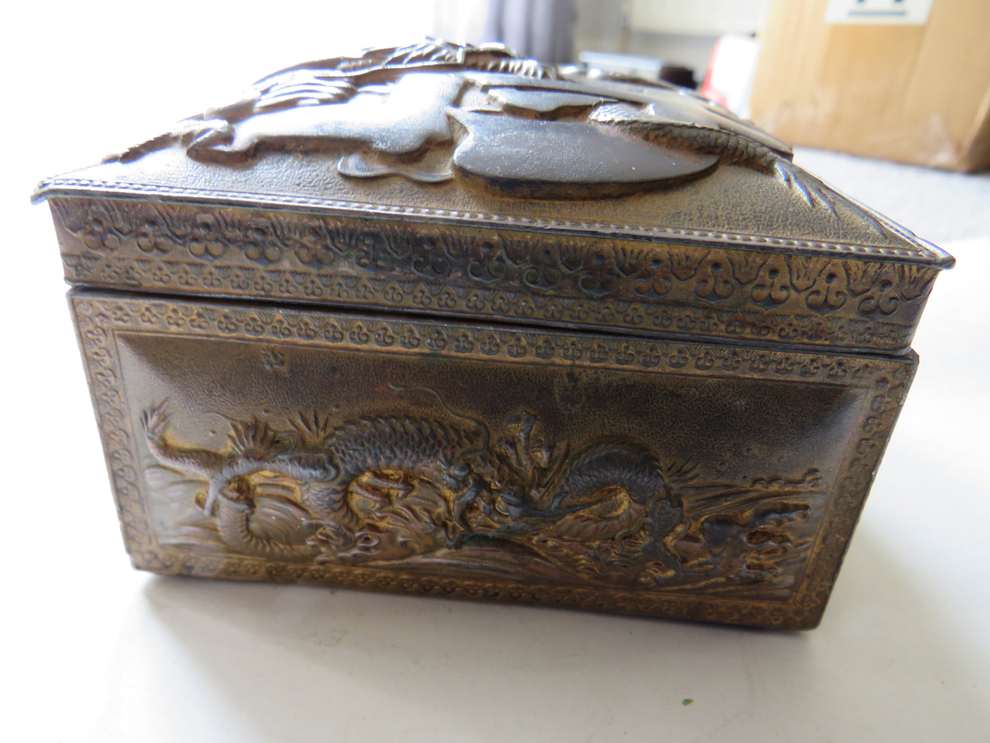 Antique Japanese Metal Box With Dragon Design