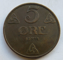 Load image into Gallery viewer, 1938 Norway 5 Ore Coin
