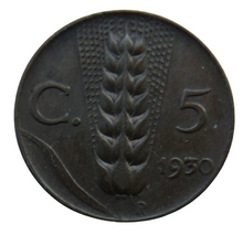 Load image into Gallery viewer, 1930 Italy 5 Centesimi Coin
