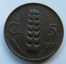 Load image into Gallery viewer, 1930 Italy 5 Centesimi Coin
