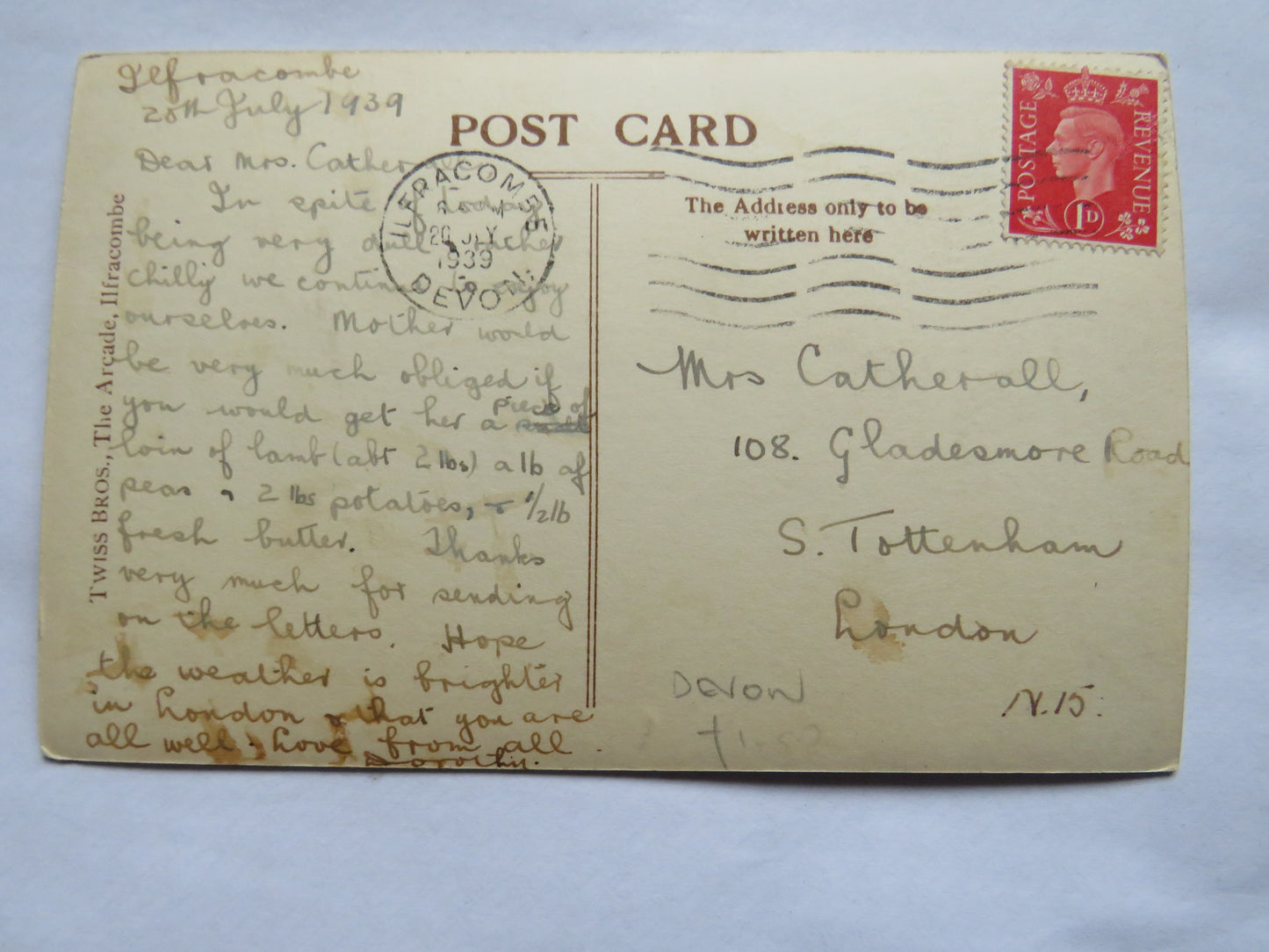 Vintage Postcard of Myrtleberry, Lynmouth 1939