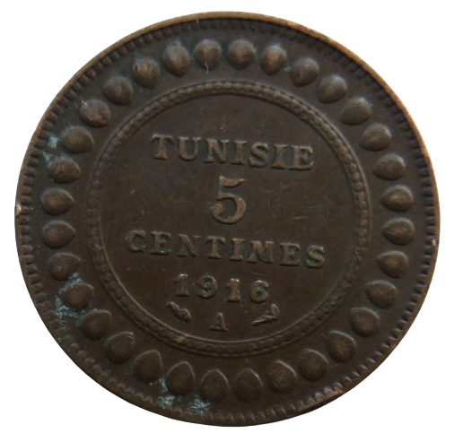 1916-A Tunisia 5 Centimes Coin