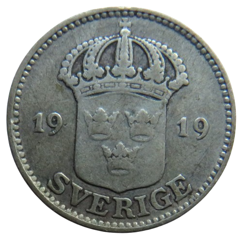 1919 Sweden Silver 25 Ore Coin