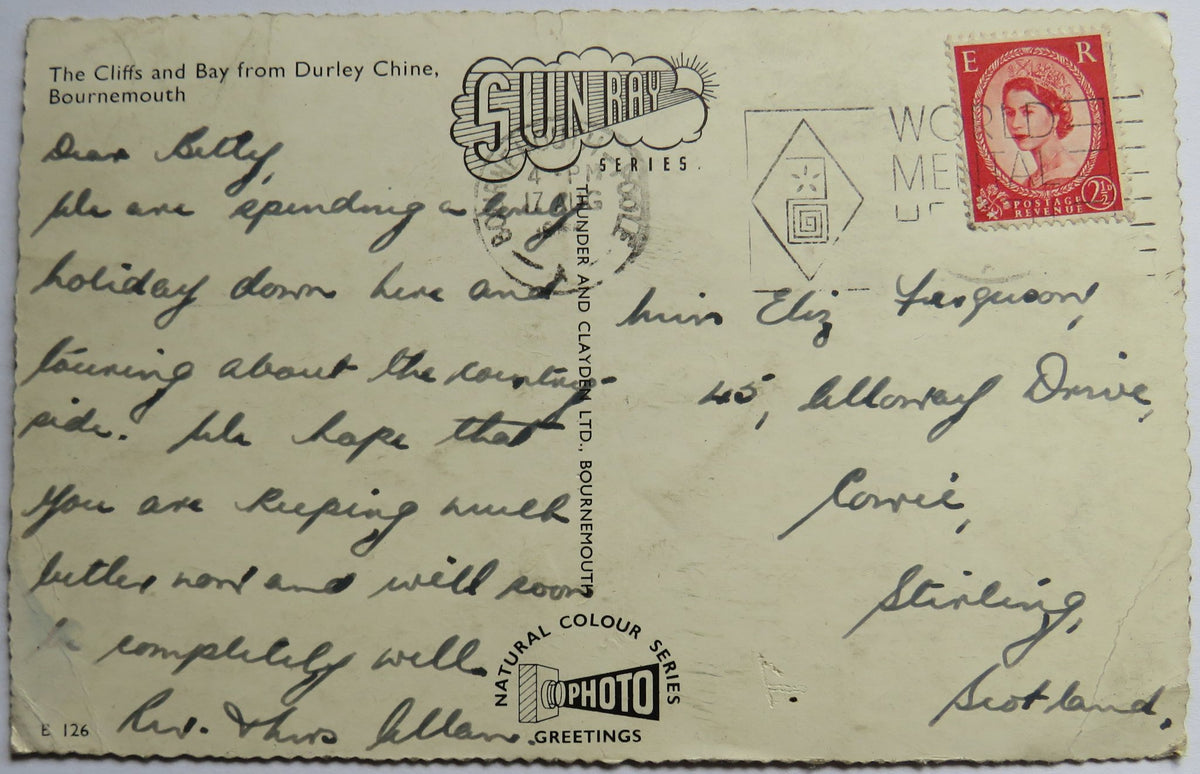 Vintage Postcard of The Cliffs and Bay from Durley Chine, Bournemouth, Sun Ray Series