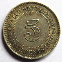 Load image into Gallery viewer, 1884 Queen Victoria Straits Settlements Silver 5 Cents Coin
