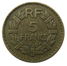 Load image into Gallery viewer, 1940 France 5 Francs Coin
