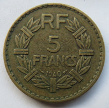 Load image into Gallery viewer, 1940 France 5 Francs Coin
