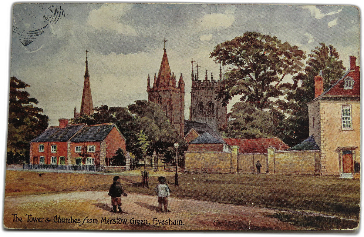 Vintage Postcard of The Tower & Churches from Merstow Green, Evesham, 1908